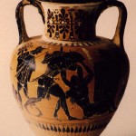 Tharros-Cabras (OR). Anfora attica raffigurante lotta di Eracle e Anteo tra Hermes e Gea. Gruppo di Leagros (520-510 a.C.).