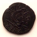 Moneta detta del Sardus Pater. Diritto: volto virile con la scritta M. Atius Balbus Pr(aetor). (post 38 a.C.).